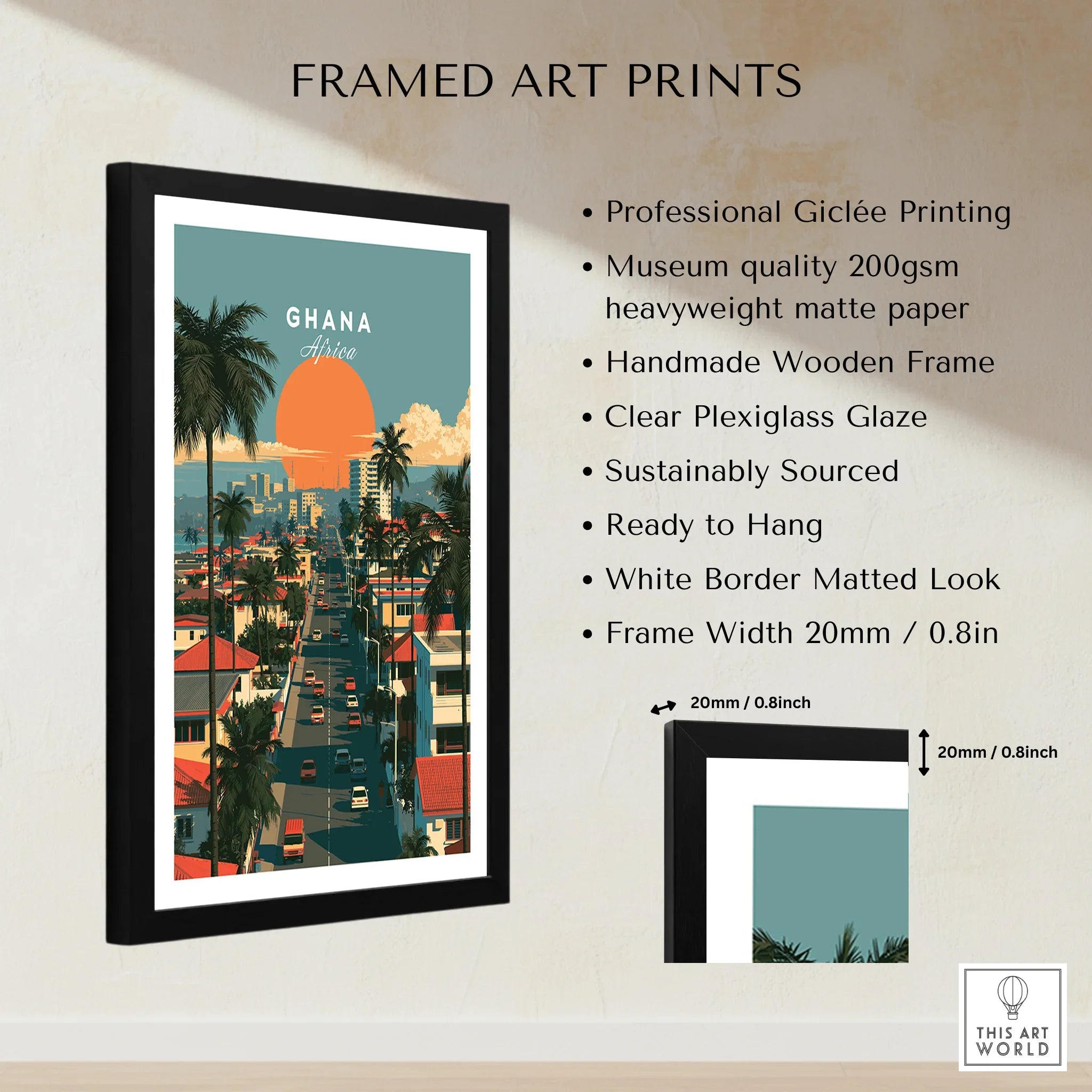 Ghana Coastal Sunset Travel Poster — framed print details measurements quality details