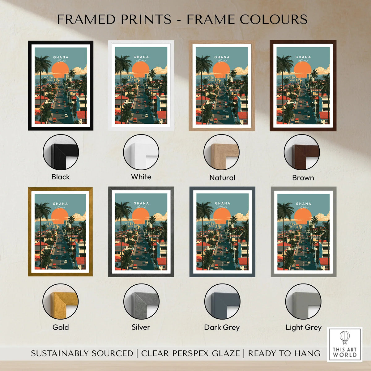 Ghana Coastal Sunset Travel Poster — framed print colour options