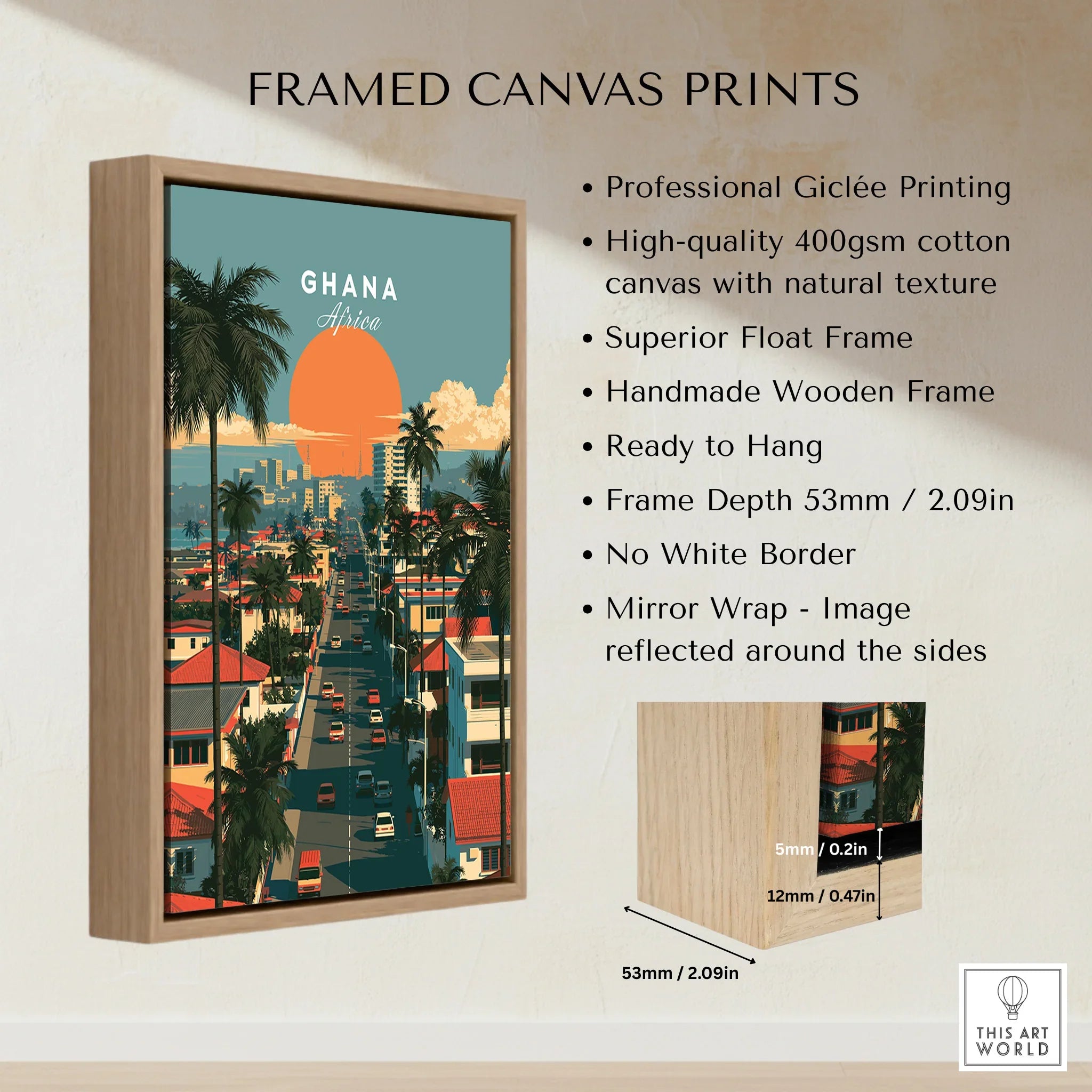 Ghana Coastal Sunset Travel Poster — framed canvas float frame details quality