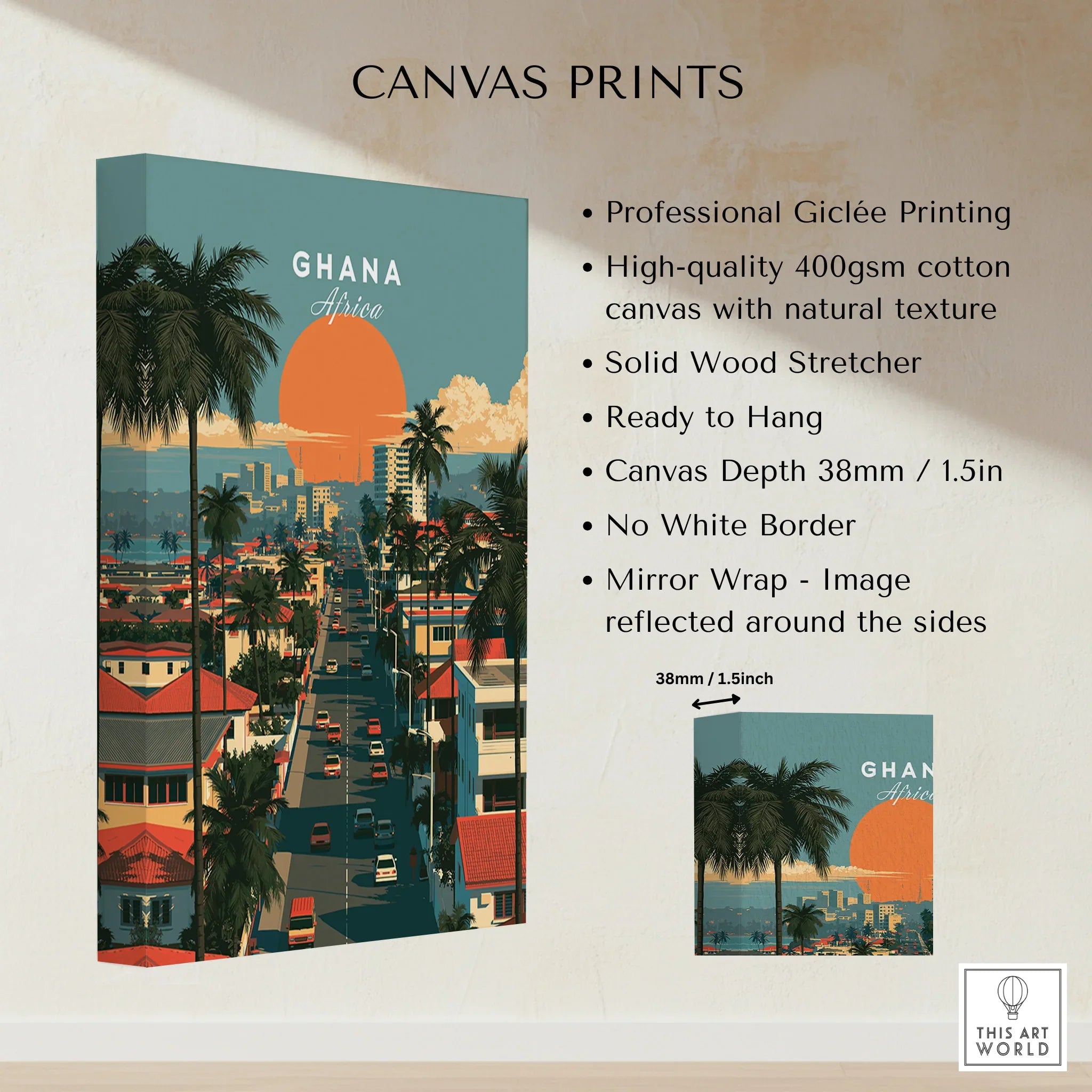 Ghana Coastal Sunset Travel Poster — canvas print stretched cotton canvas details