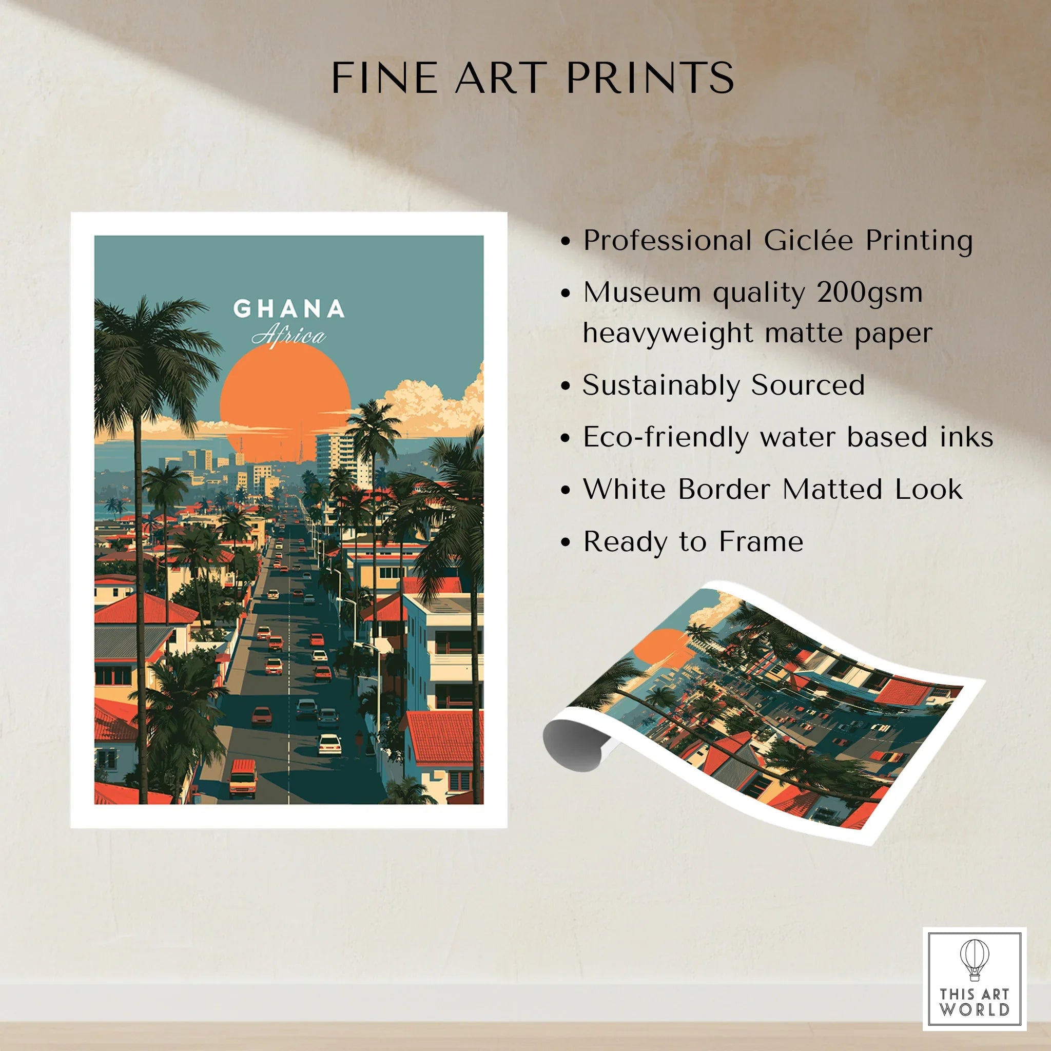 Ghana Coastal Sunset Travel Poster — fine art print unframed quality details
