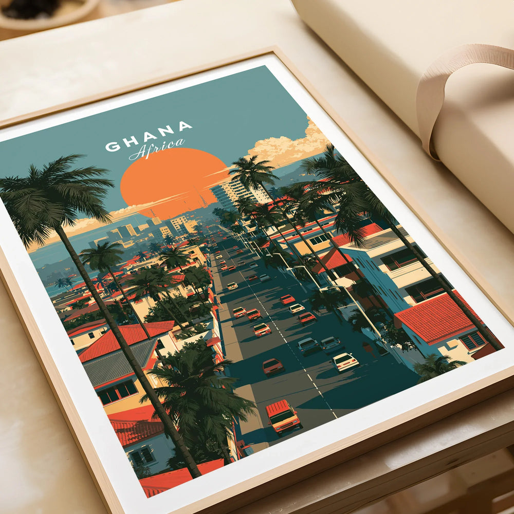 Ghana Coastal Sunset Travel Poster — framed art print closeup gift unwrapped natural frame