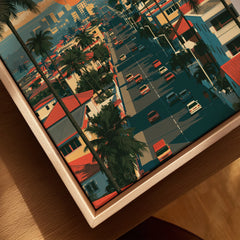 Ghana Coastal Sunset Travel Poster — closeup framed canvas natural wood floating frame