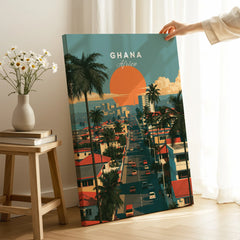 Ghana Coastal Sunset Travel Poster — canvas print mirror edge hand holding room setting