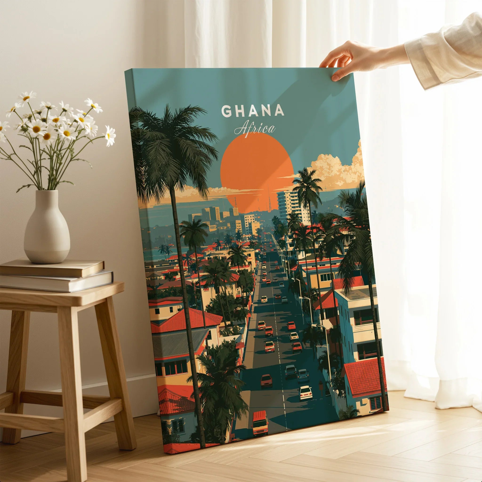 Ghana Coastal Sunset Travel Poster — canvas print mirror edge hand holding room setting