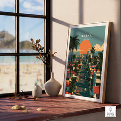 Ghana Coastal Sunset Travel Poster — framed print window view natural wood frame