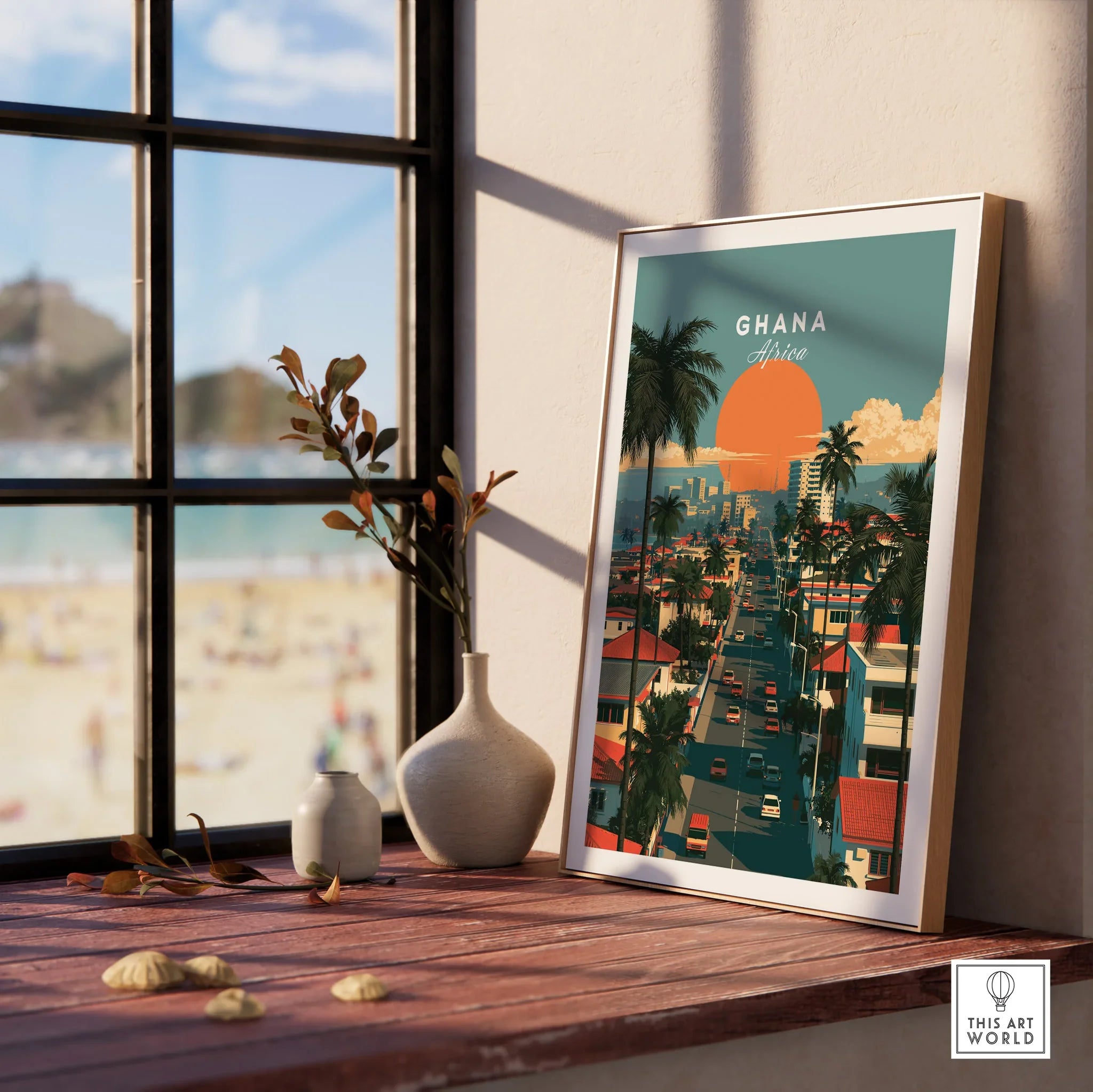 Ghana Coastal Sunset Travel Poster — framed print window view natural wood frame