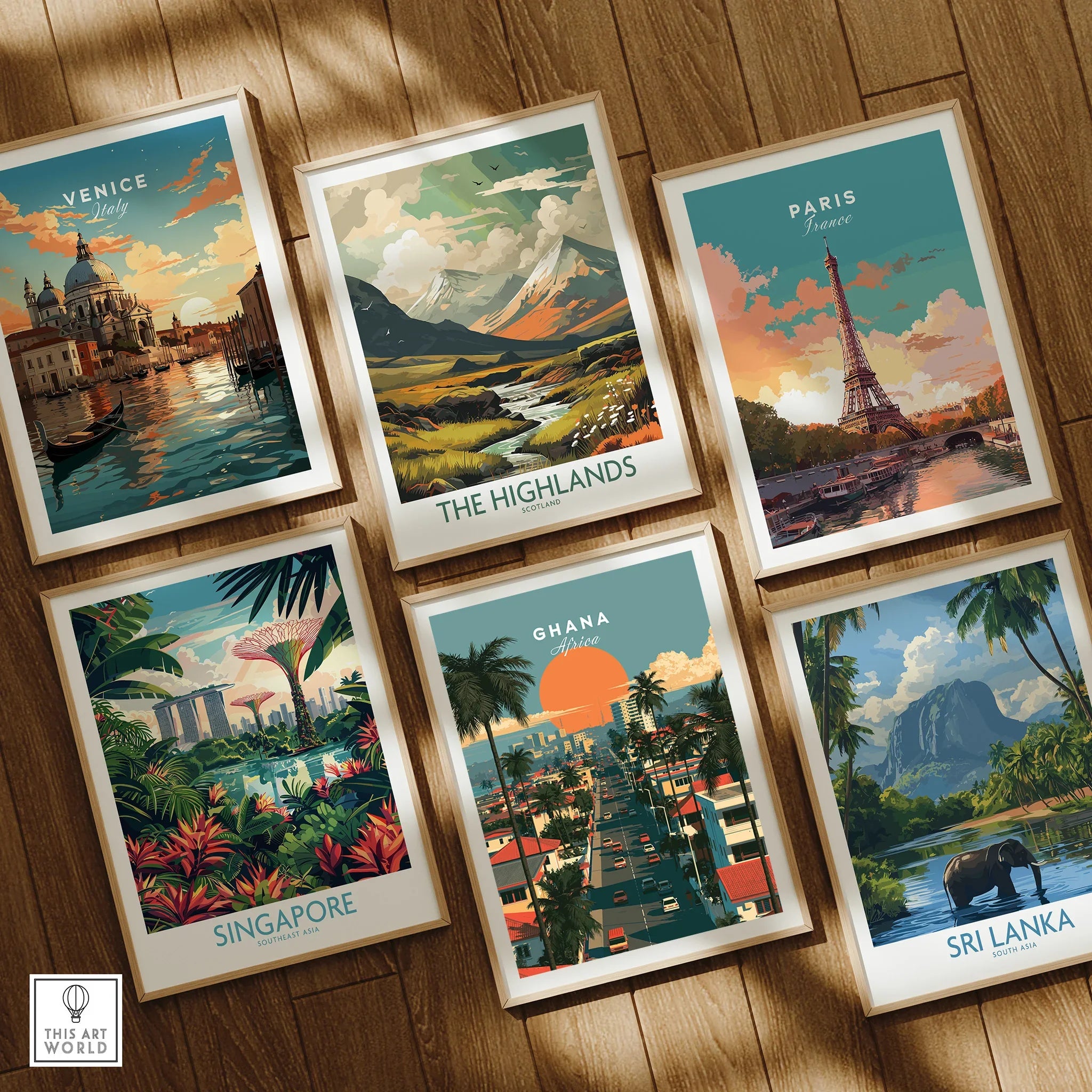 Ghana Coastal Sunset Travel Poster — set six framed art prints wooden floor natural wood frames