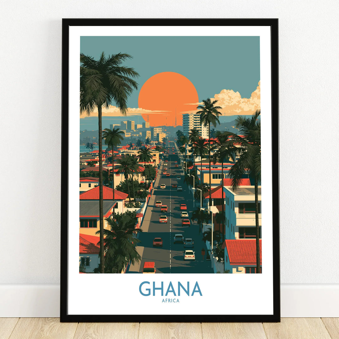 Ghana City Sunset Wall Art — art print in black frame on wooden floor