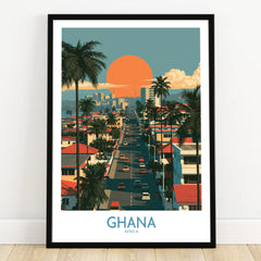 Ghana City Sunset Wall Art — art print in black frame on wooden floor