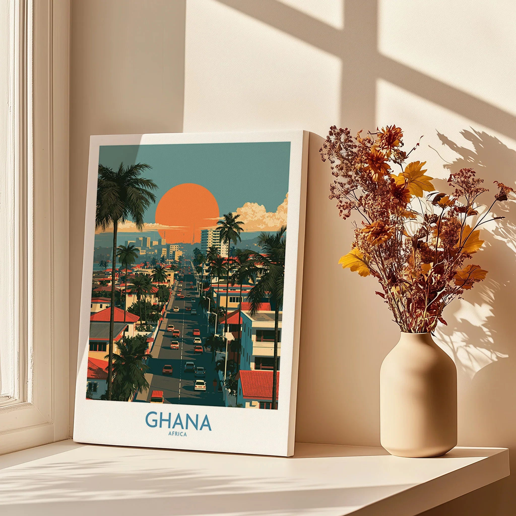 Ghana City Sunset Wall Art — canvas print window setting with shadows flowers