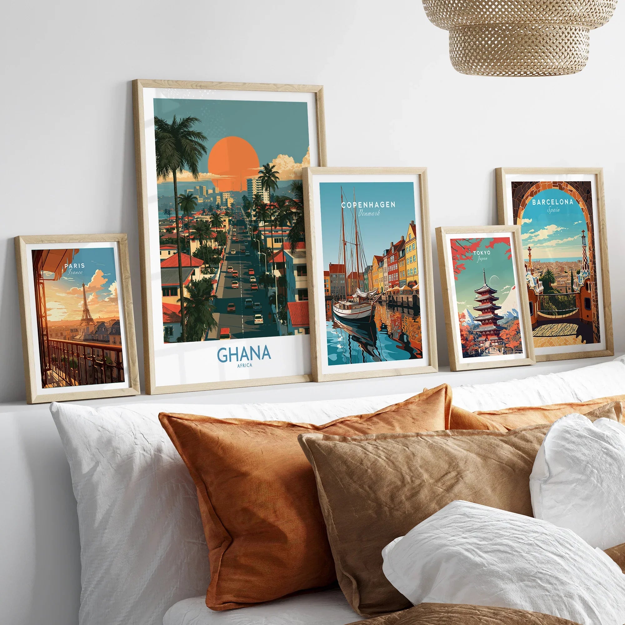 Ghana City Sunset Wall Art — set five framed artprints above bed natural wood frames