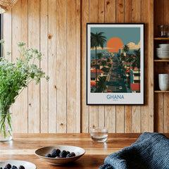 Ghana City Sunset Wall Art — black framed art print kitchen setting
