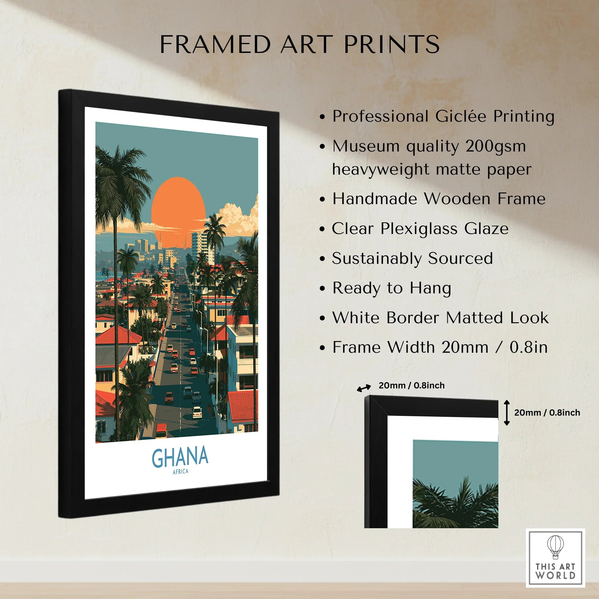 Ghana City Sunset Wall Art — framed print details measurements quality details