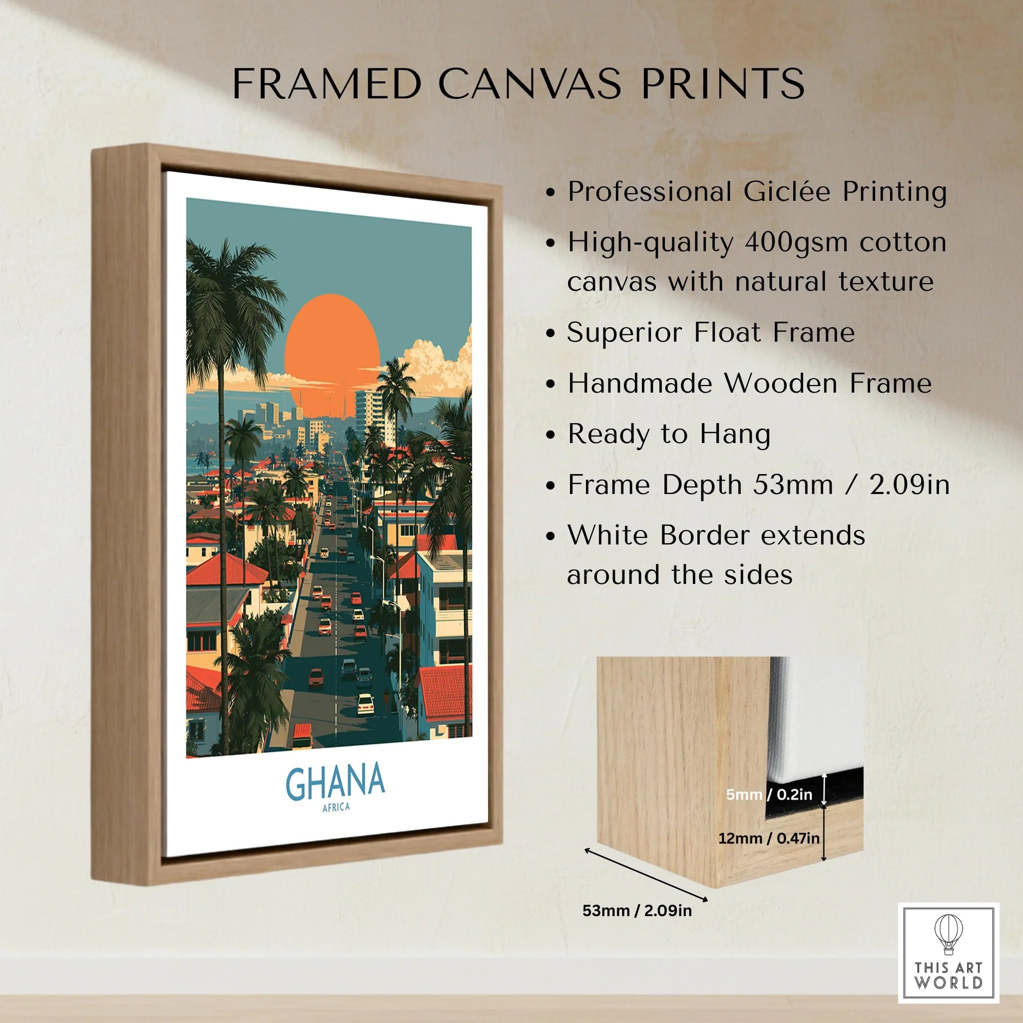 Ghana City Sunset Wall Art — framed canvas float frame details quality