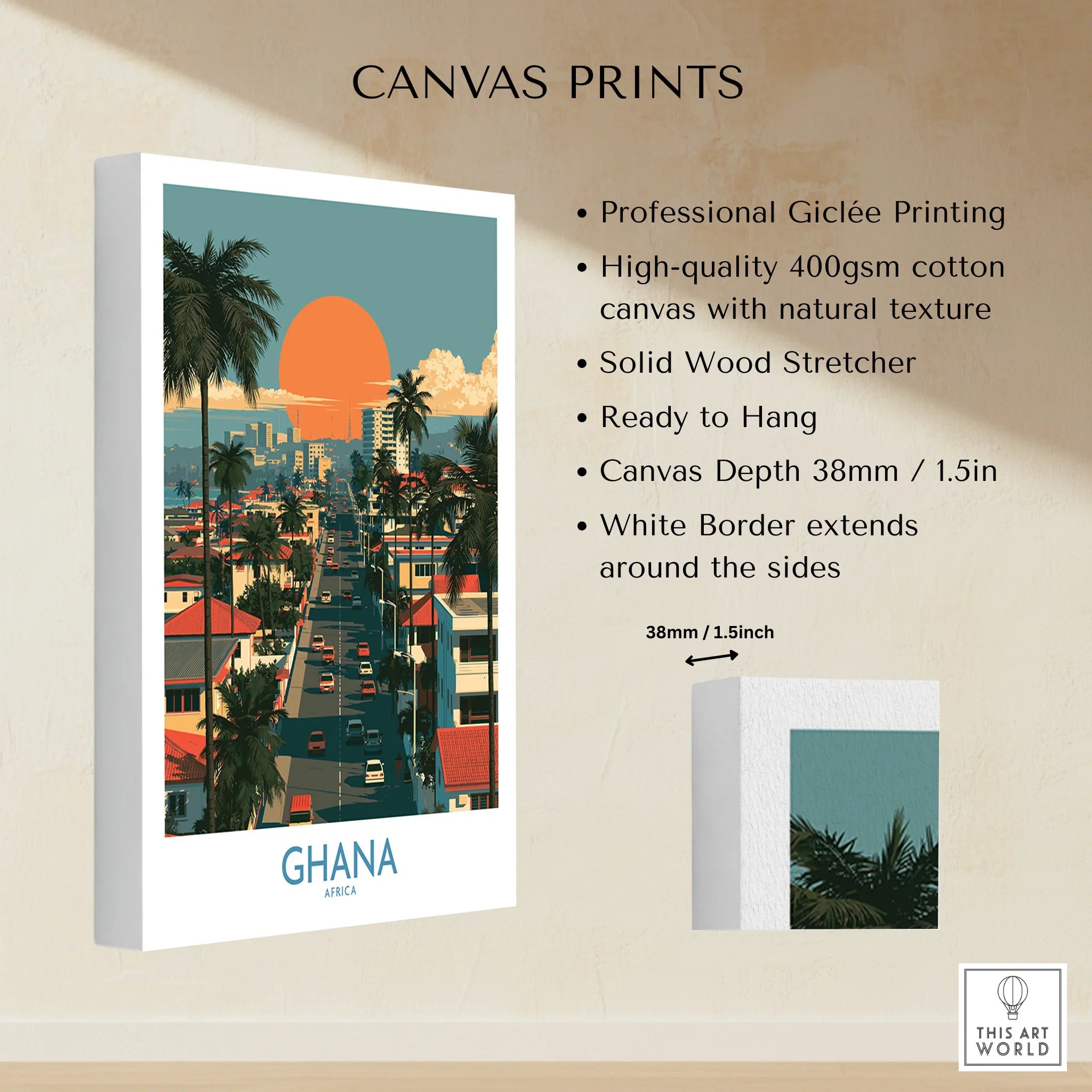 Ghana City Sunset Wall Art — canvas print stretched cotton canvas details