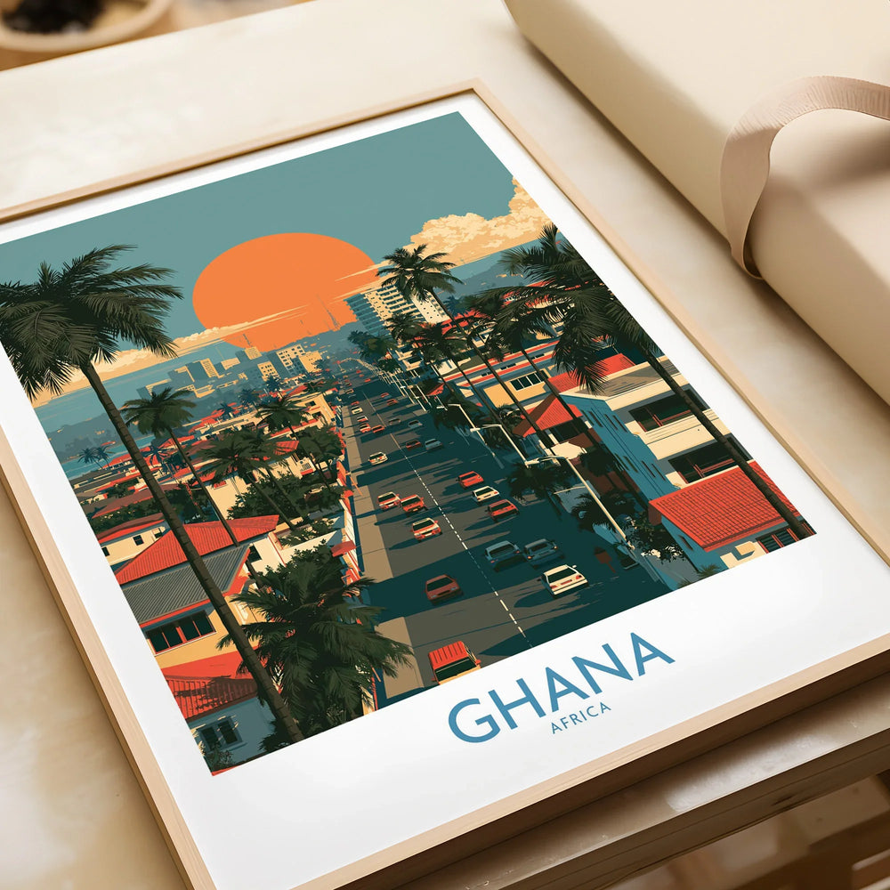 Ghana City Sunset Wall Art — framed art print closeup gift unwrapped natural frame