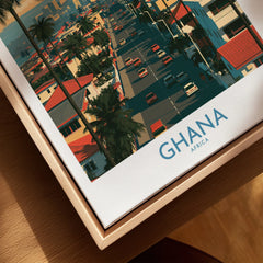 Ghana City Sunset Wall Art — closeup framed canvas natural wood floating frame