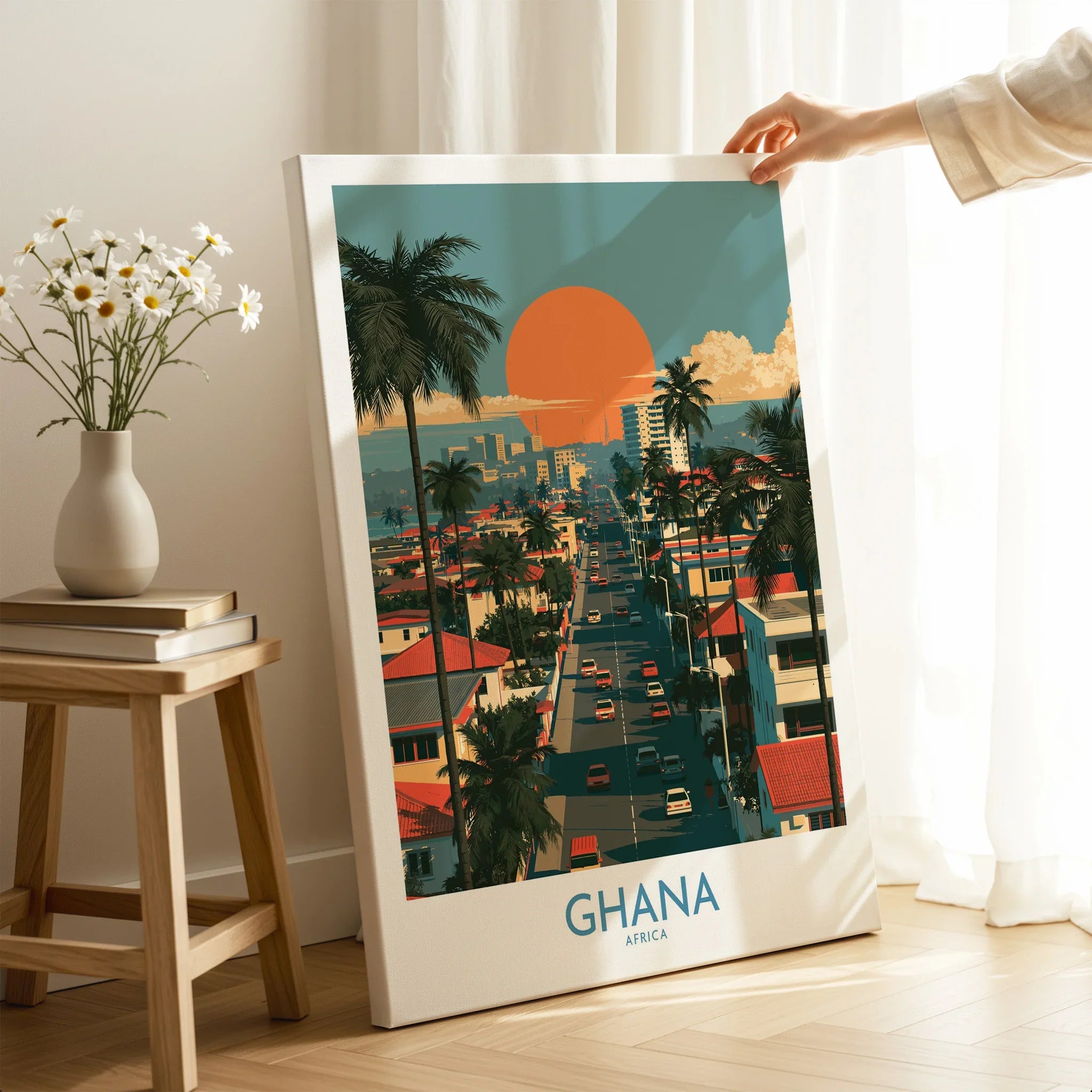 Ghana City Sunset Wall Art — canvas print mirror edge hand holding room setting