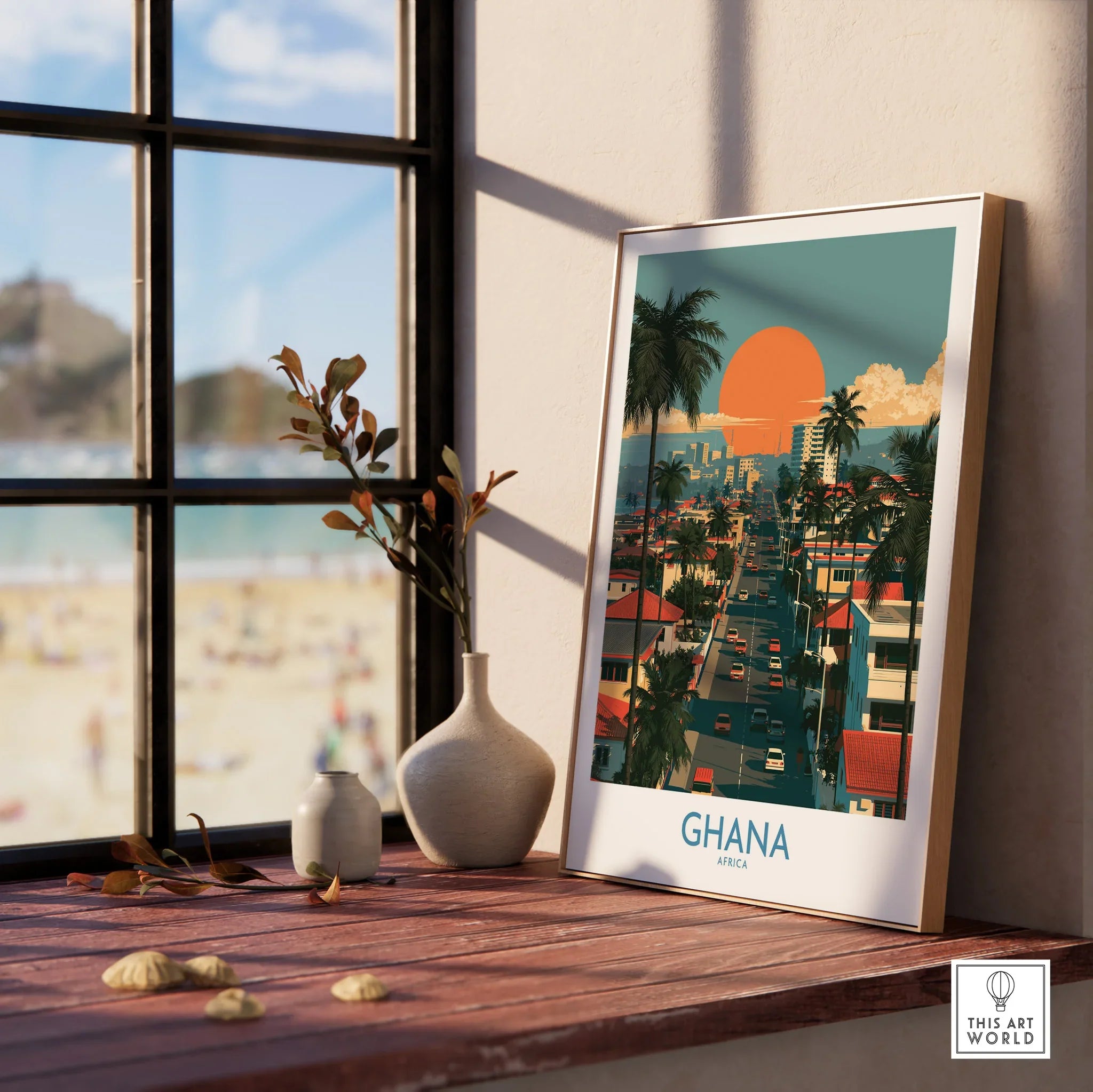 Ghana City Sunset Wall Art — framed print window view natural wood frame
