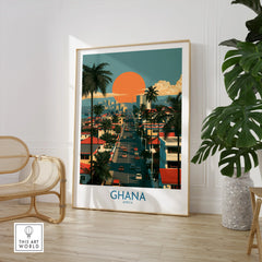 Ghana City Sunset Wall Art — large framed print room setting chair plant