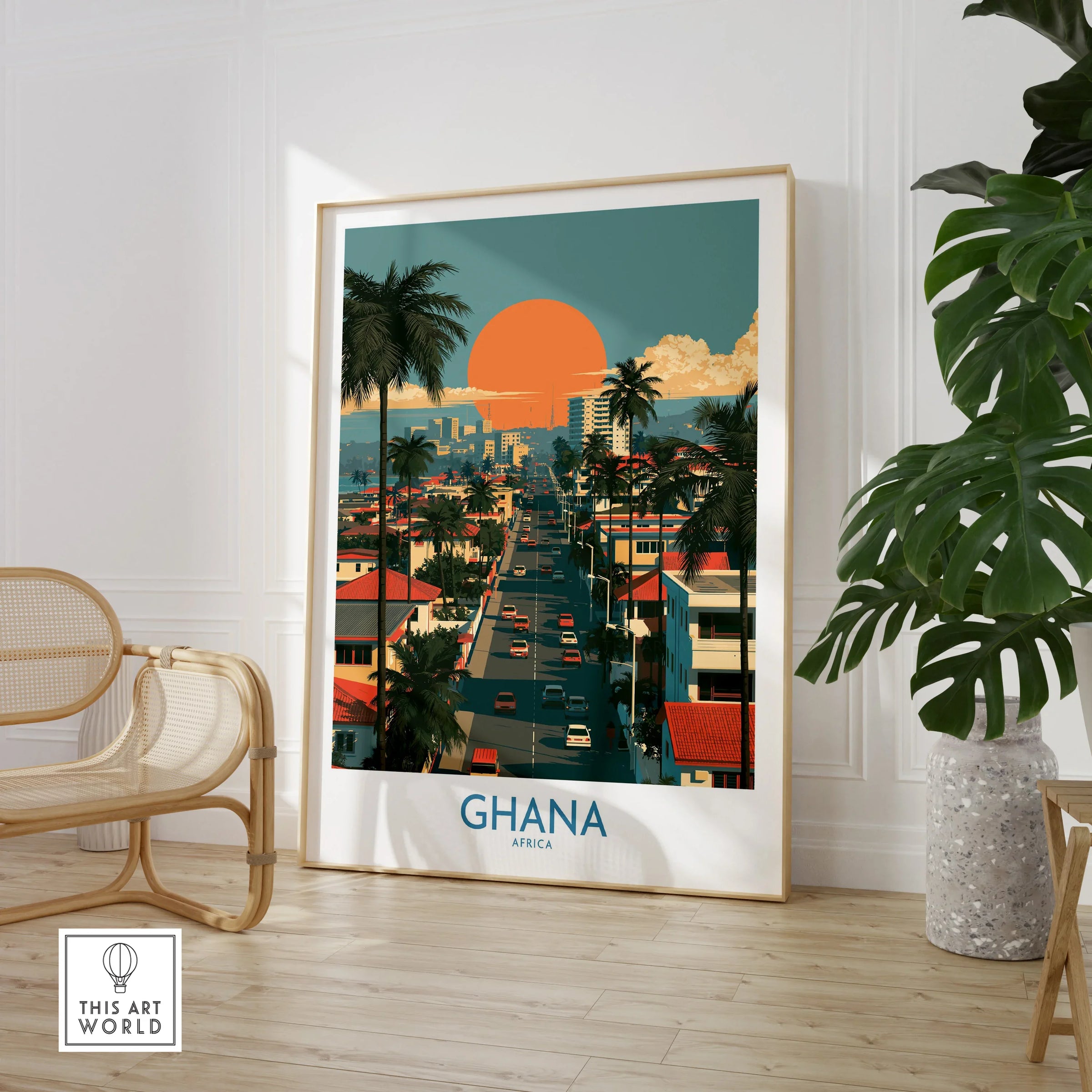 Ghana City Sunset Wall Art — large framed print room setting chair plant