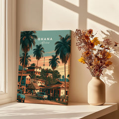 Ghana Village Street Travel Poster — canvas print window setting with shadows flowers