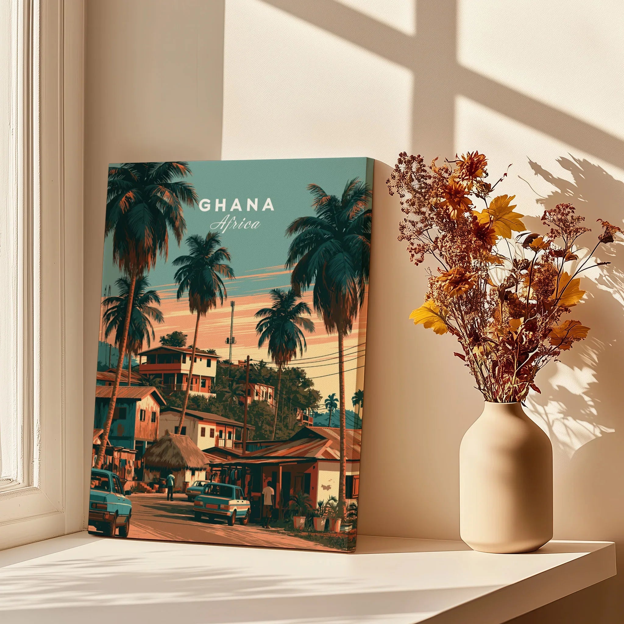 Ghana Village Street Travel Poster — canvas print window setting with shadows flowers