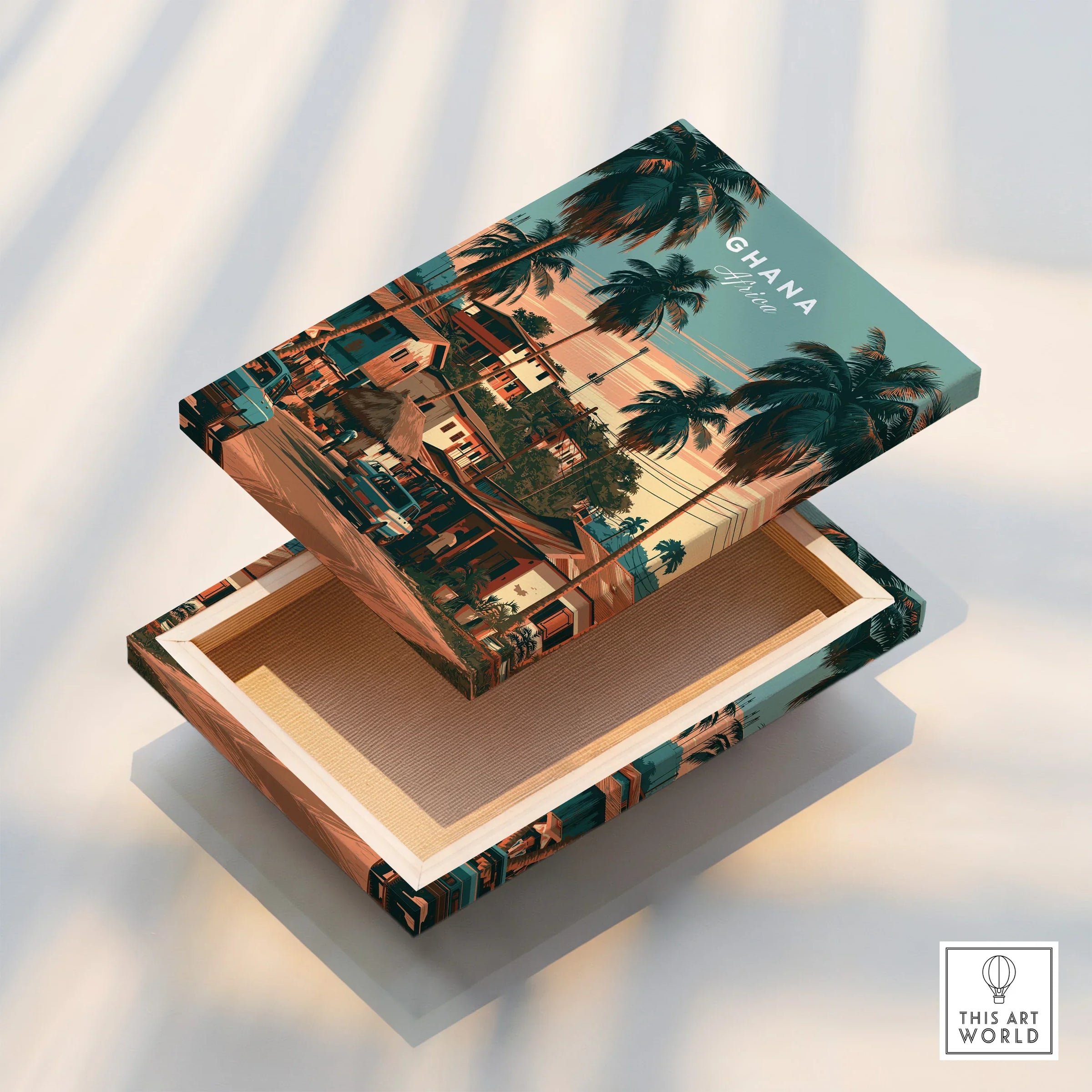 Ghana Village Street Travel Poster — stretched canvas print floating detail mirror edge