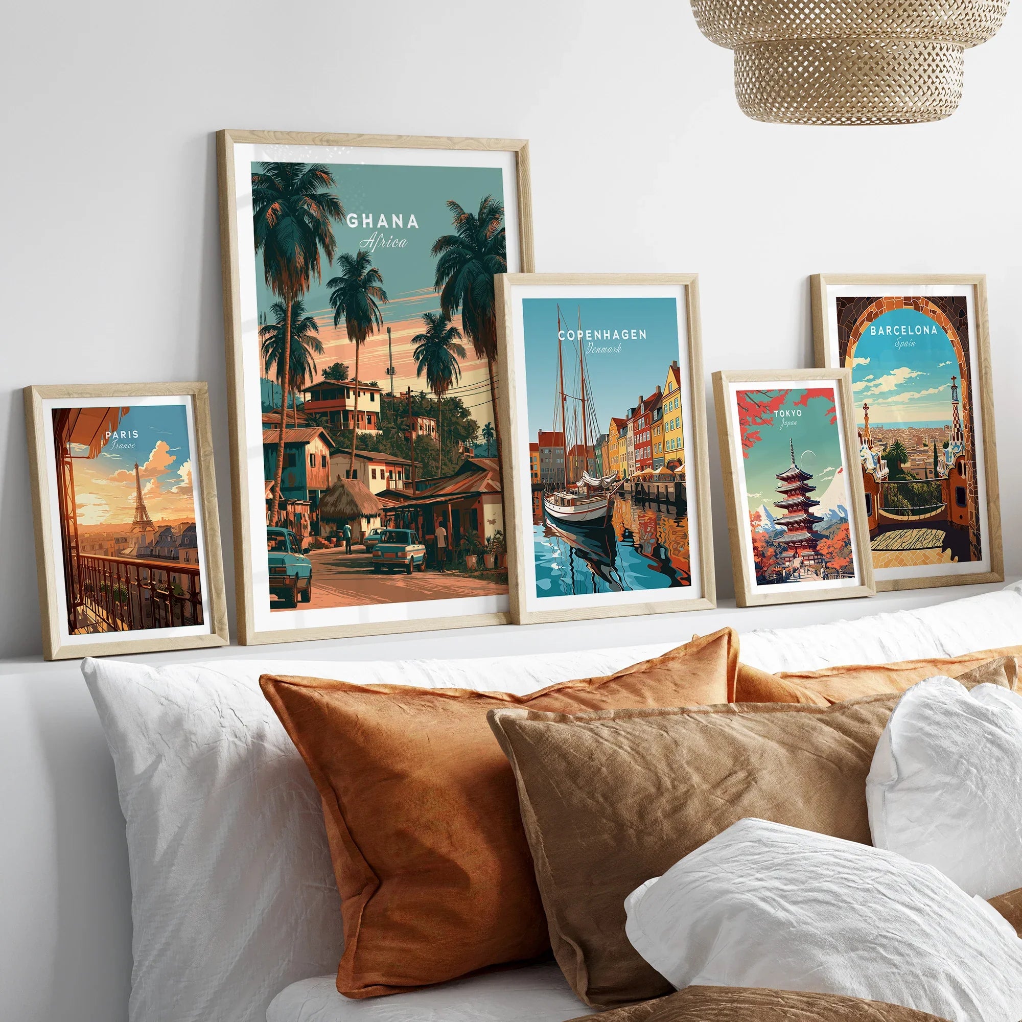 Ghana Village Street Travel Poster — set five framed artprints above bed natural wood frames