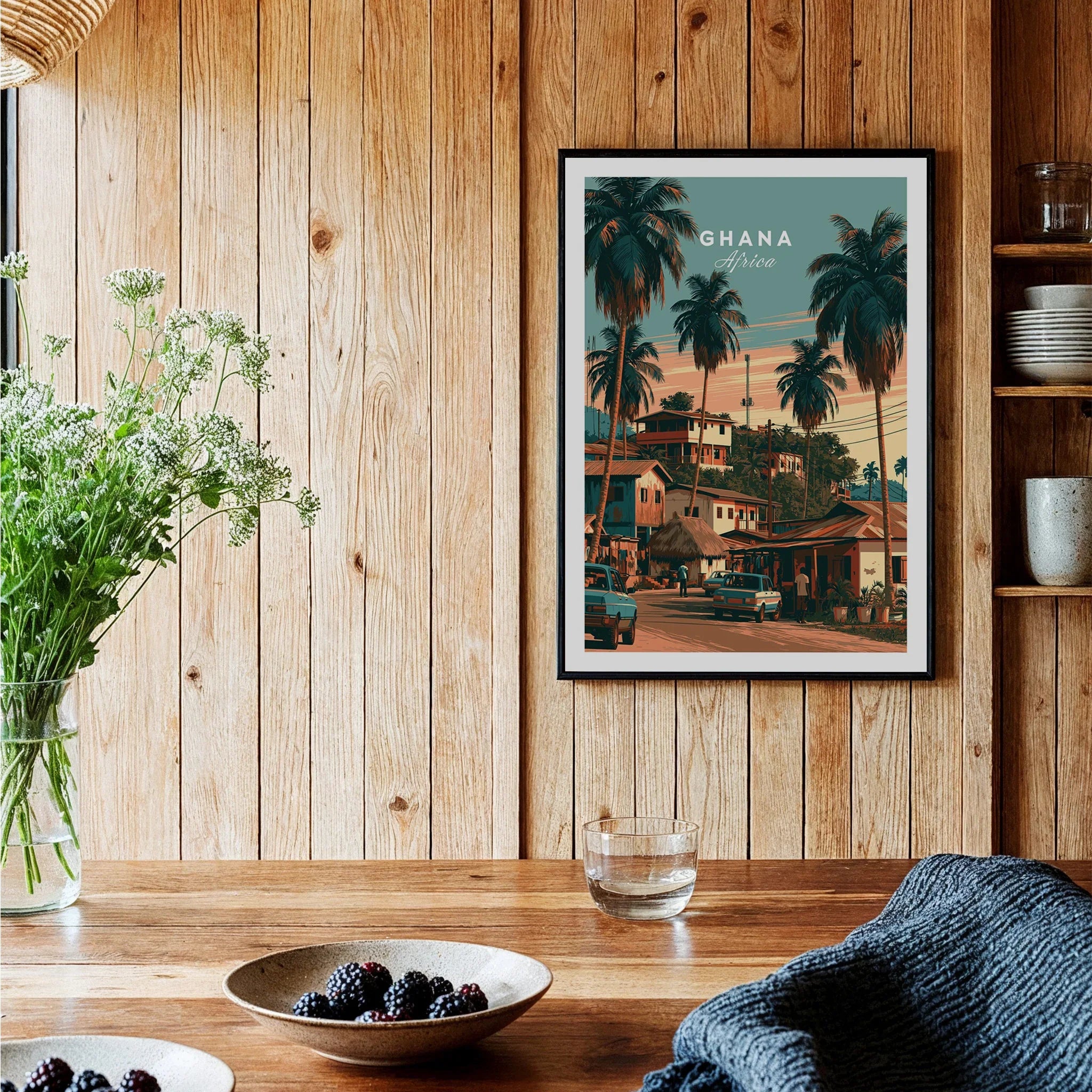 Ghana Village Street Travel Poster — black framed art print kitchen setting