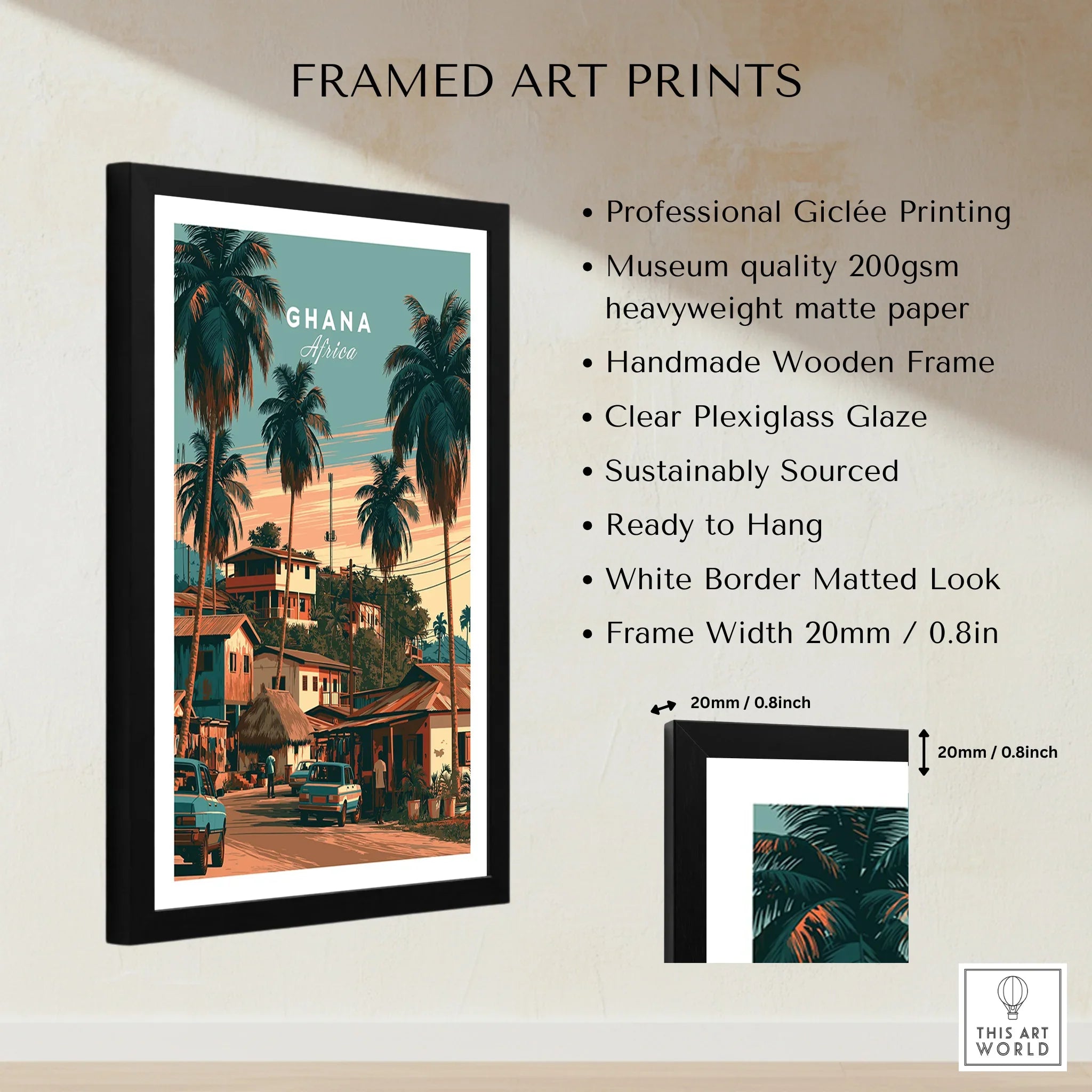 Ghana Village Street Travel Poster — framed print details measurements quality details