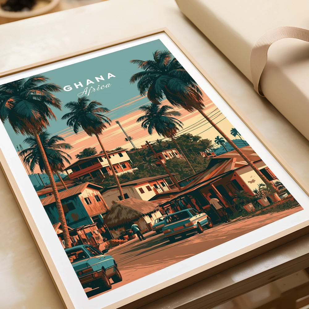 Ghana Village Street Travel Poster — framed art print closeup gift unwrapped natural frame