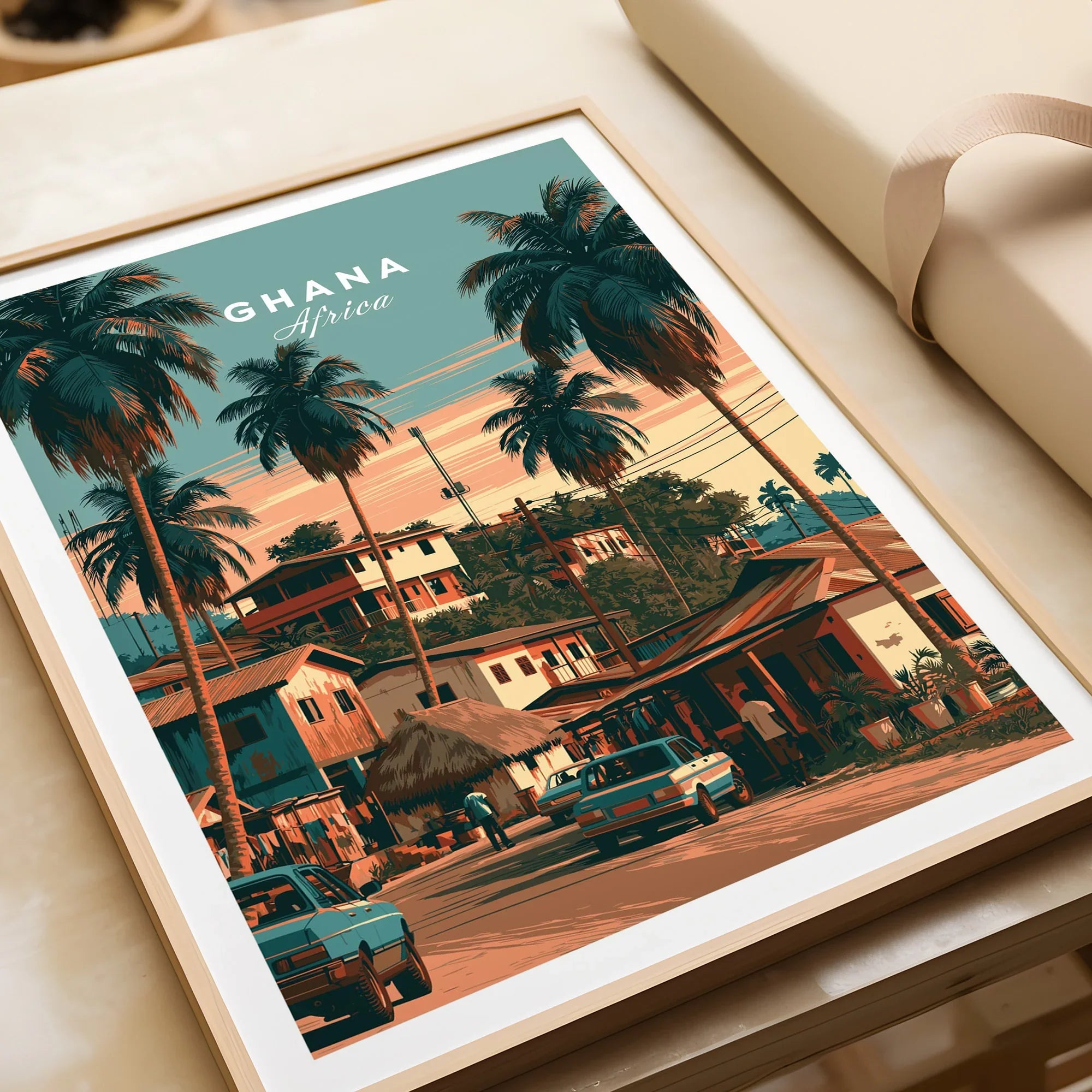 Ghana Village Street Travel Poster — framed art print closeup gift unwrapped natural frame