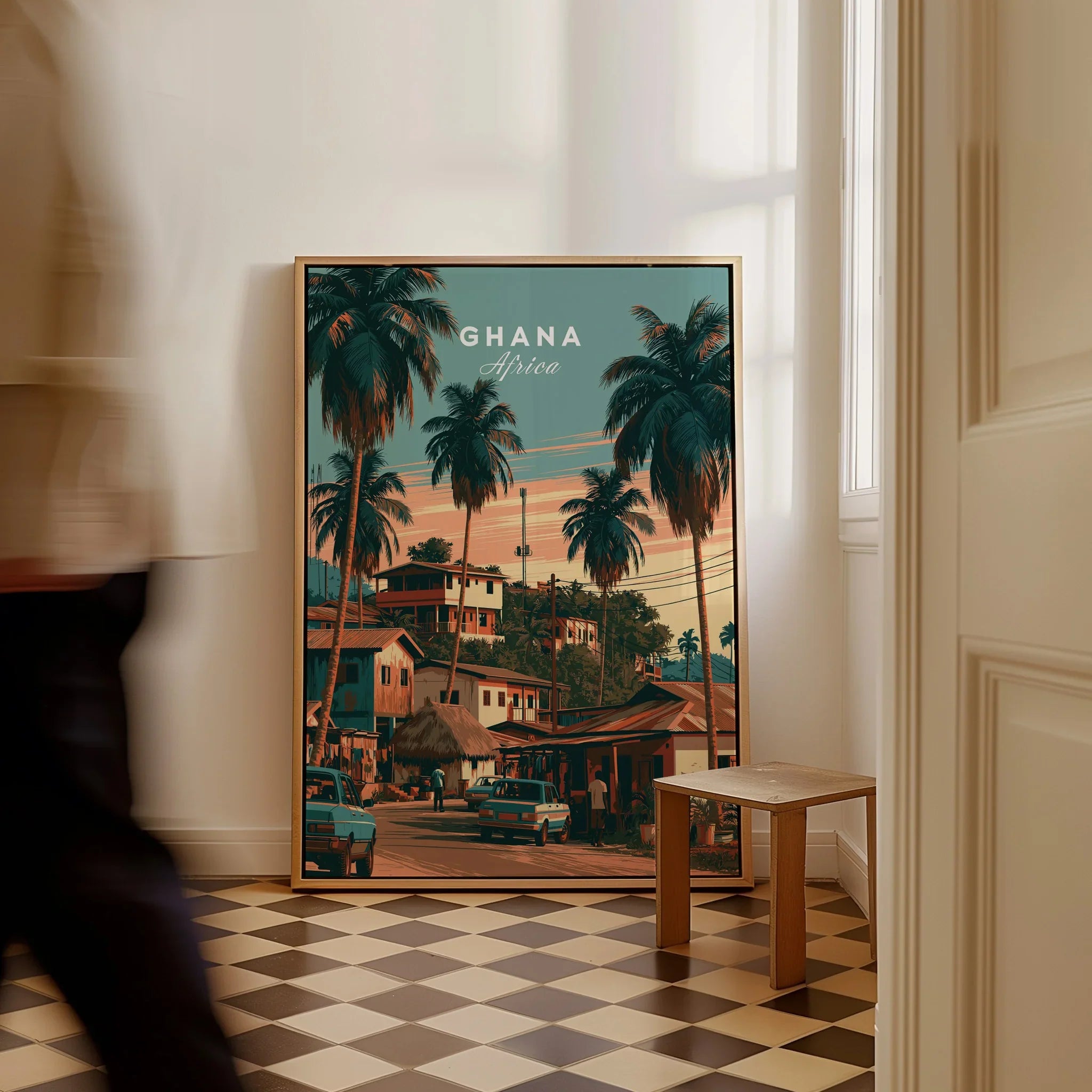 Ghana Village Street Travel Poster — framed canvas on floor man walking past