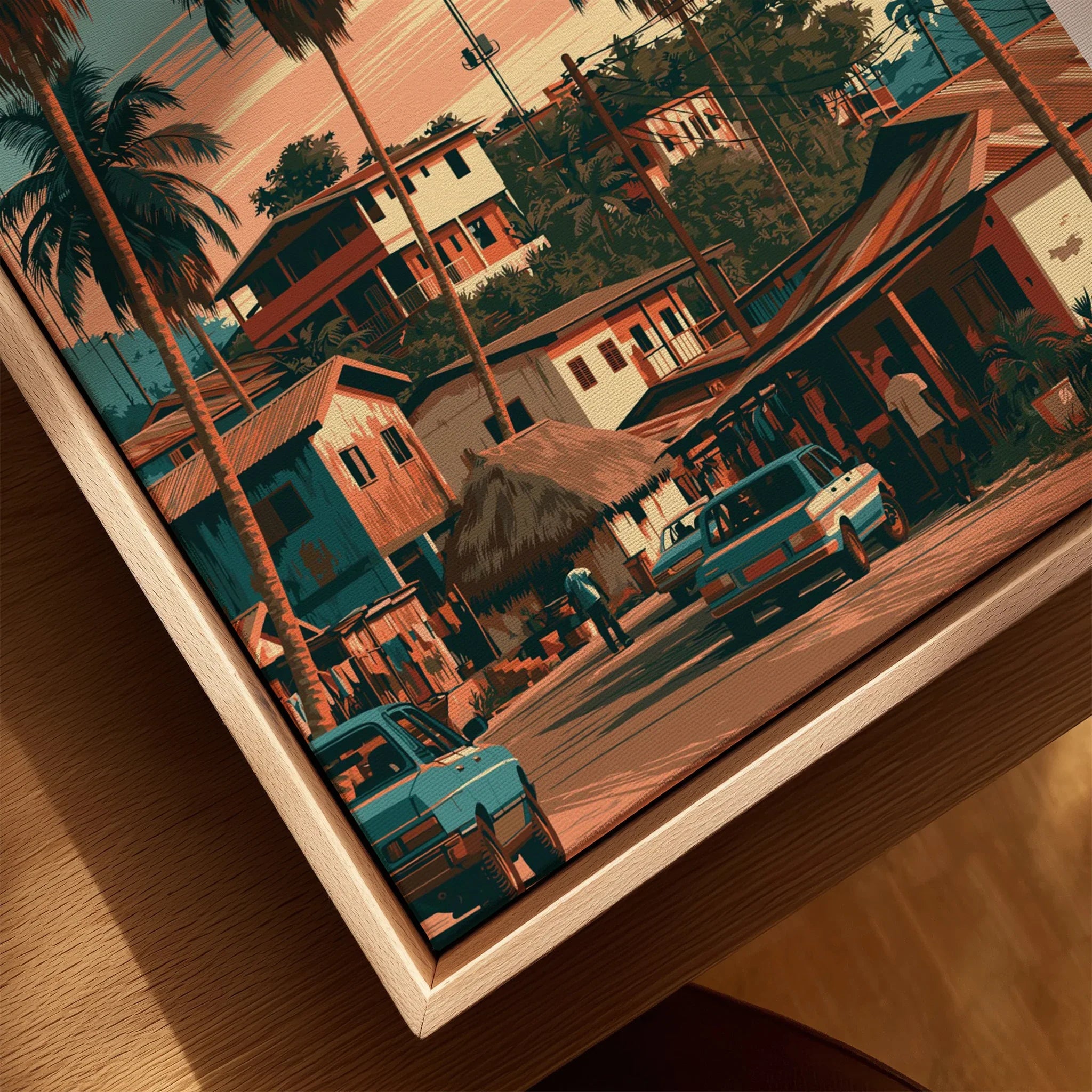 Ghana Village Street Travel Poster — closeup framed canvas natural wood floating frame