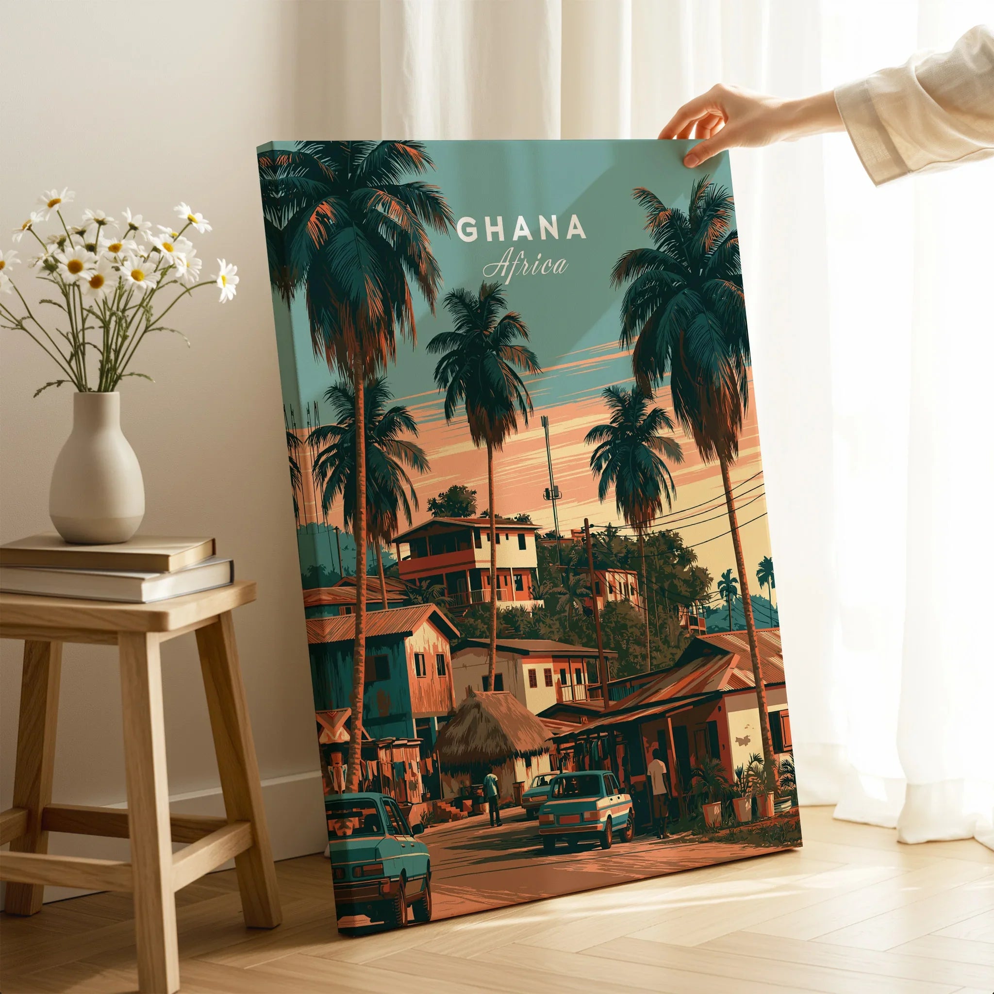 Ghana Village Street Travel Poster — canvas print mirror edge hand holding room setting