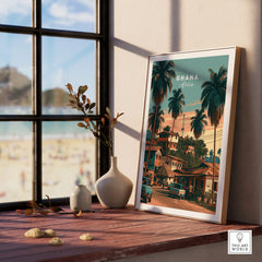 Ghana Village Street Travel Poster — framed print window view natural wood frame