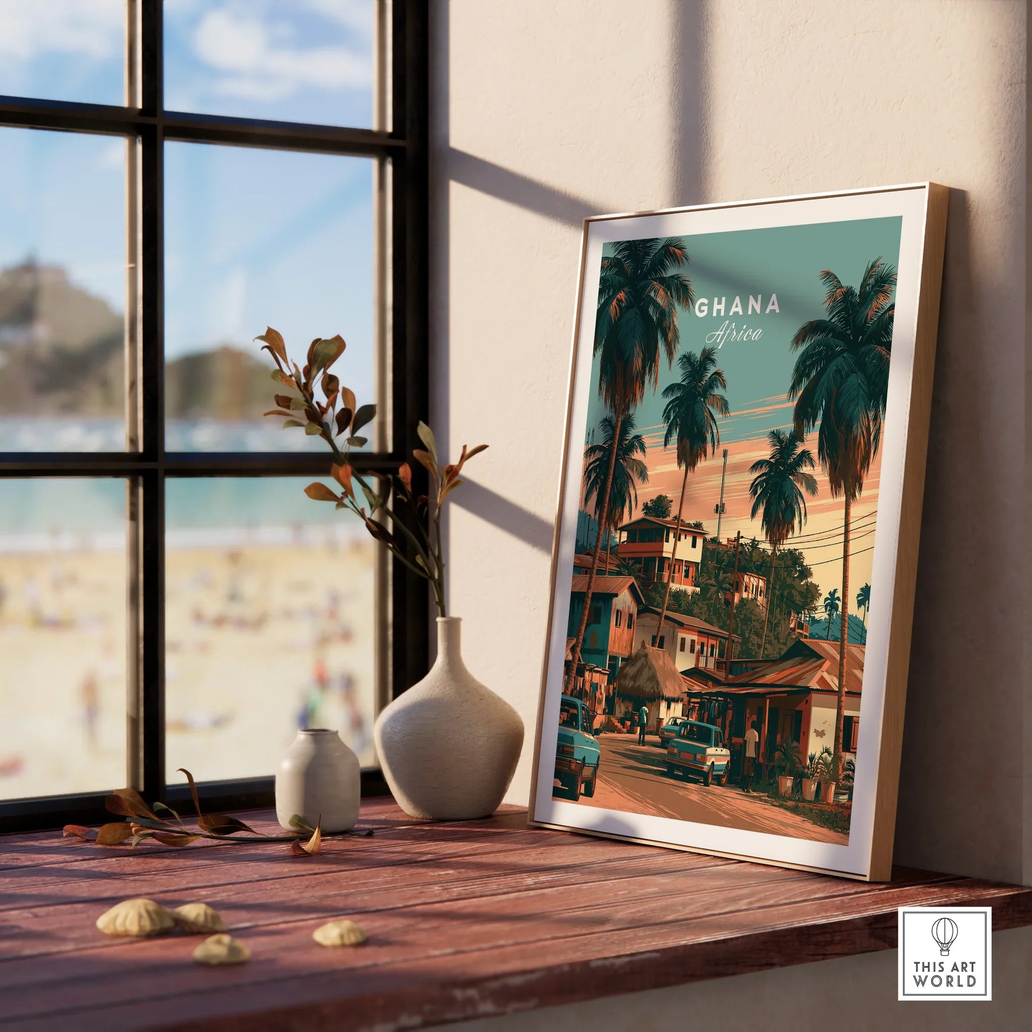Ghana Village Street Travel Poster — framed print window view natural wood frame