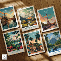 Ghana Village Street Travel Poster — set six framed art prints wooden floor natural wood frames