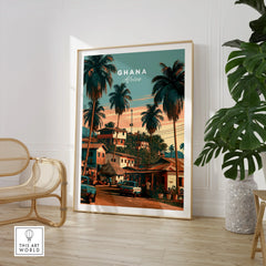 Ghana Village Street Travel Poster — large framed print room setting chair plant