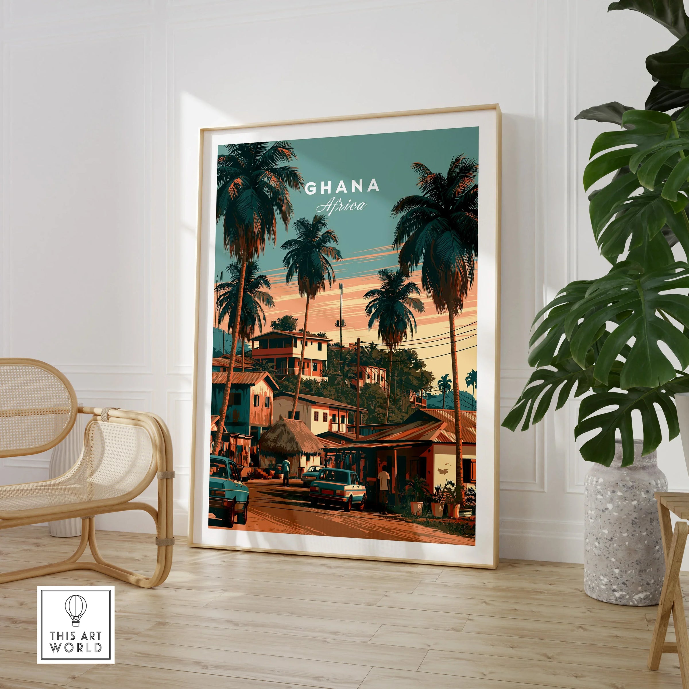 Ghana Village Street Travel Poster — large framed print room setting chair plant