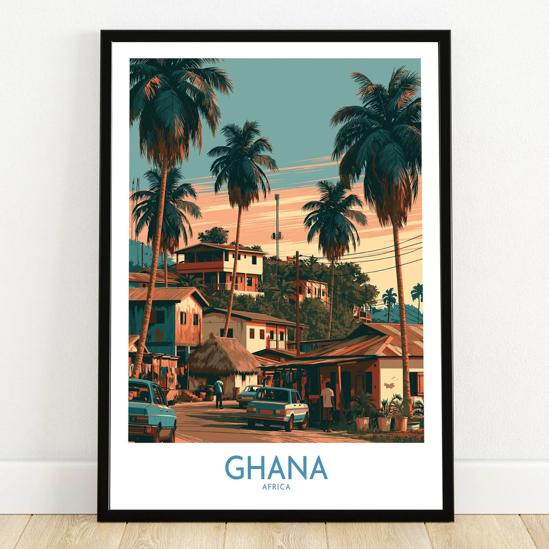 Ghana Palm Street Wall Art — art print in black frame on wooden floor