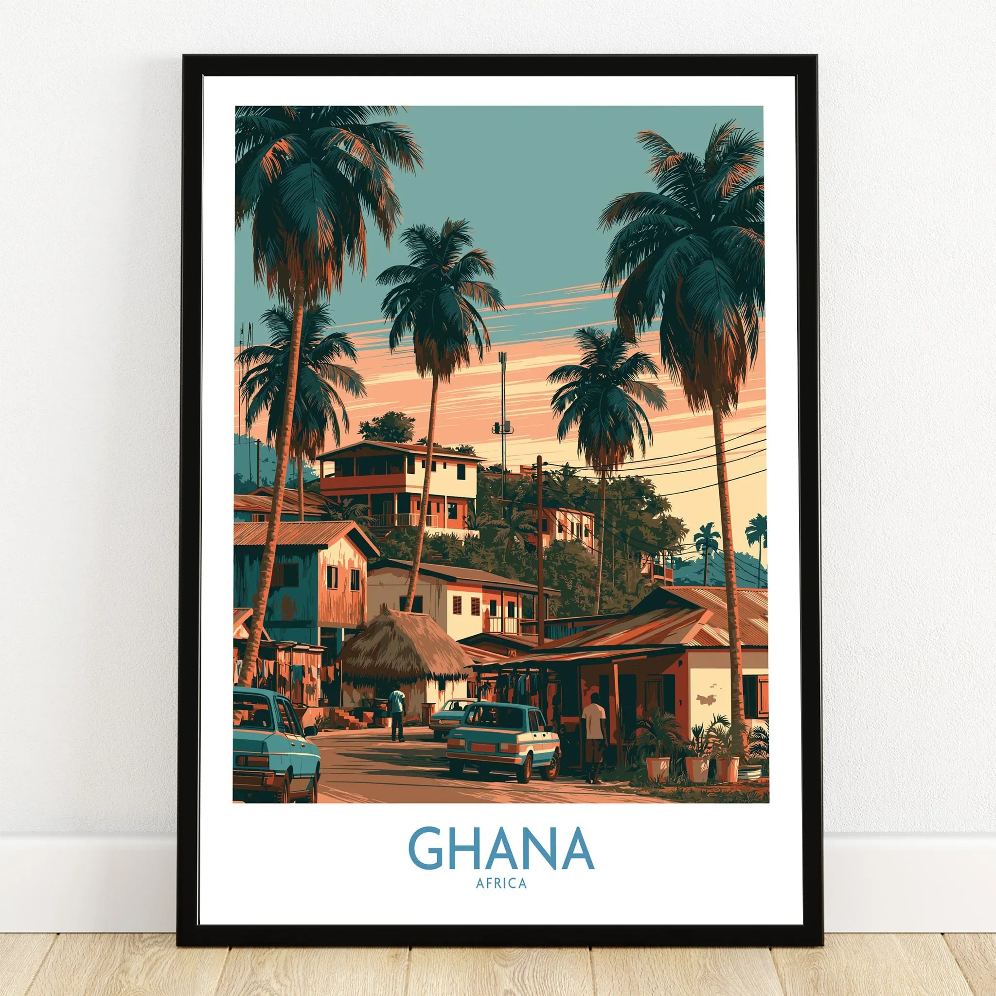 Ghana Palm Street Wall Art — art print in black frame on wooden floor