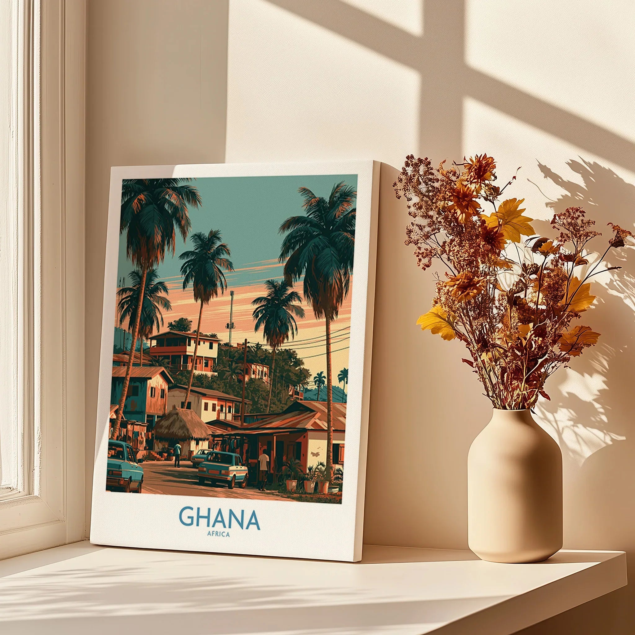 Ghana Palm Street Wall Art — canvas print window setting with shadows flowers