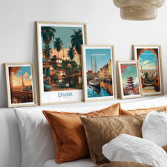 Ghana Palm Street Wall Art — set five framed artprints above bed natural wood frames