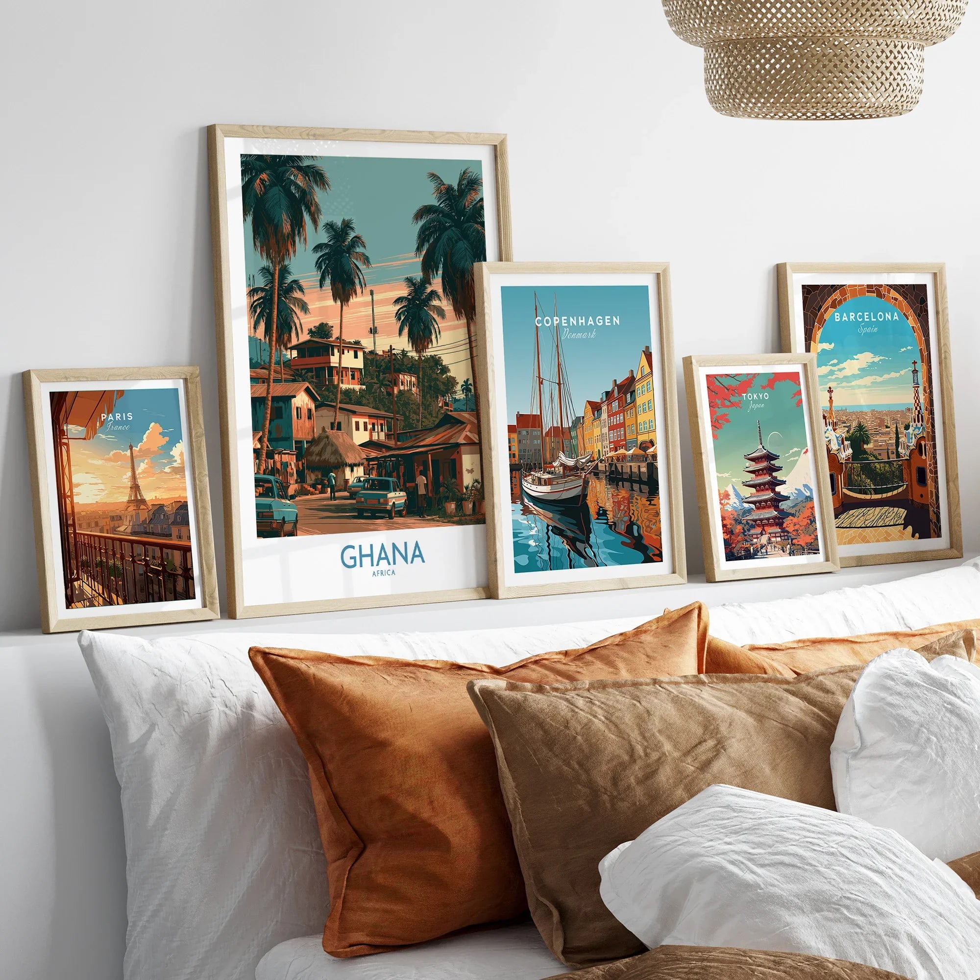 Ghana Palm Street Wall Art — set five framed artprints above bed natural wood frames
