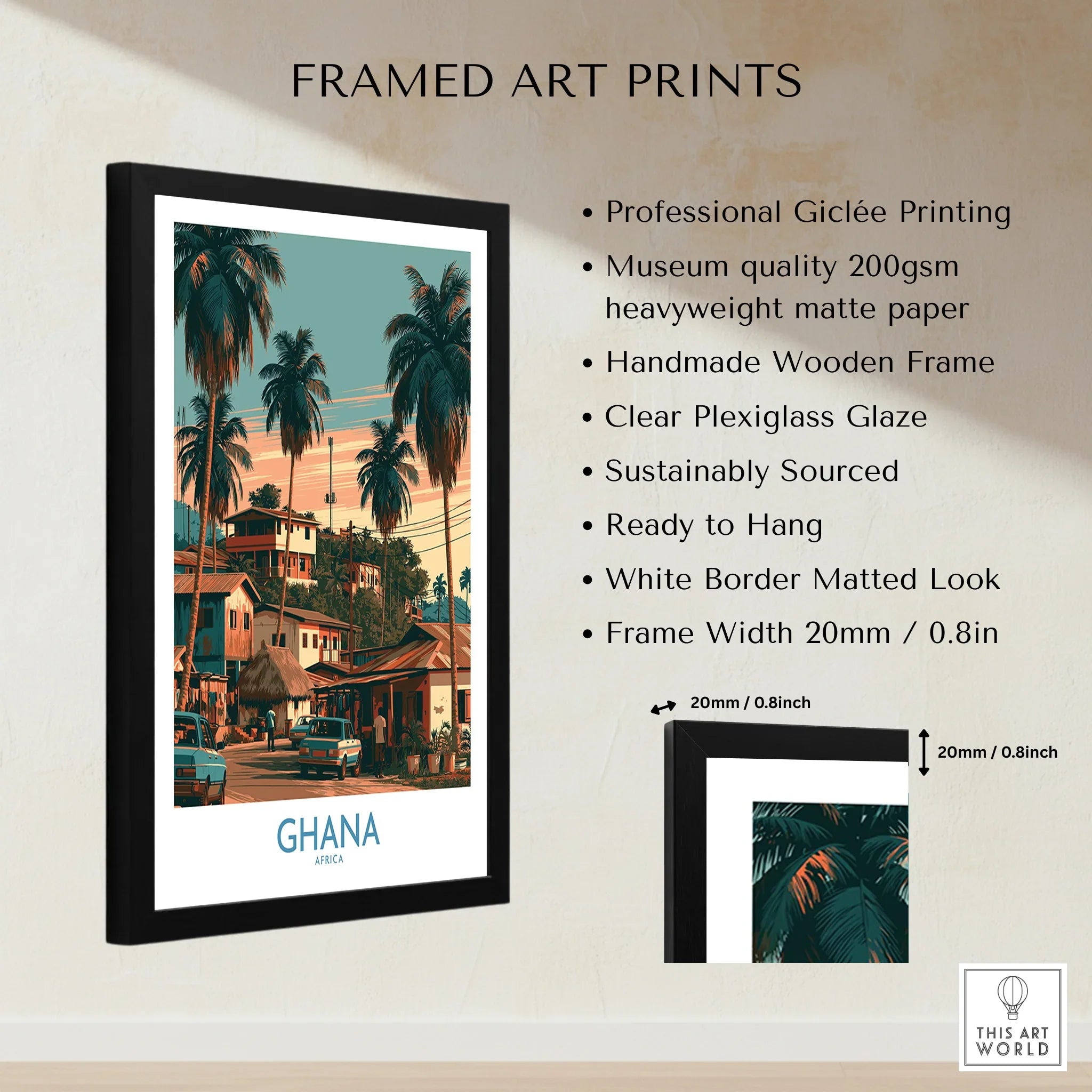 Ghana Palm Street Wall Art — framed print details measurements quality details