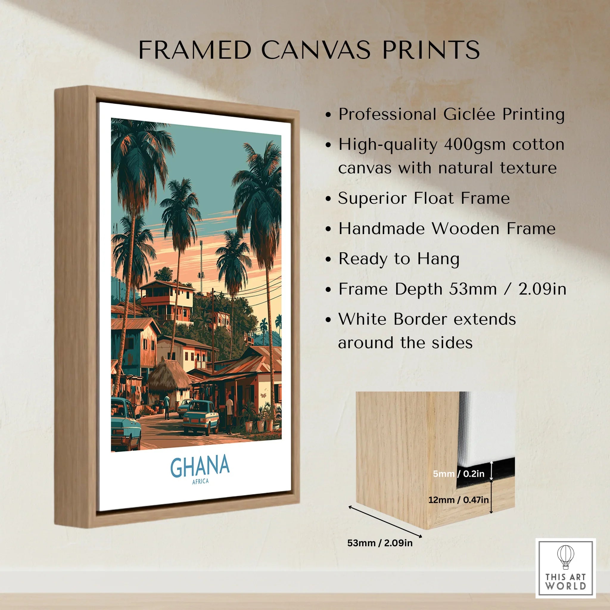 Ghana Palm Street Wall Art — framed canvas float frame details quality