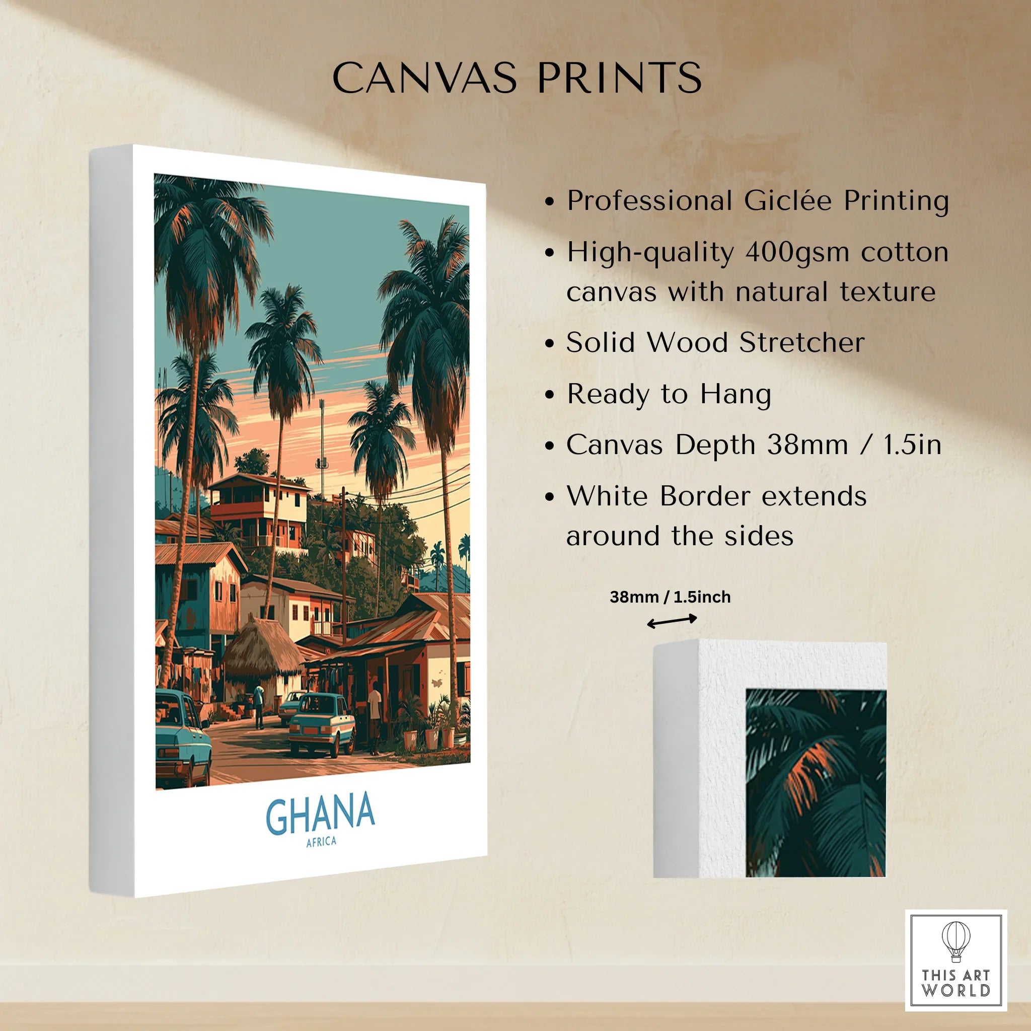 Ghana Palm Street Wall Art — canvas print stretched cotton canvas details